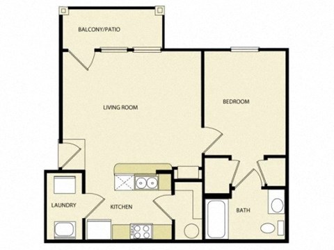 Floor plan for 1 bed, 1 bath, 641 sqft